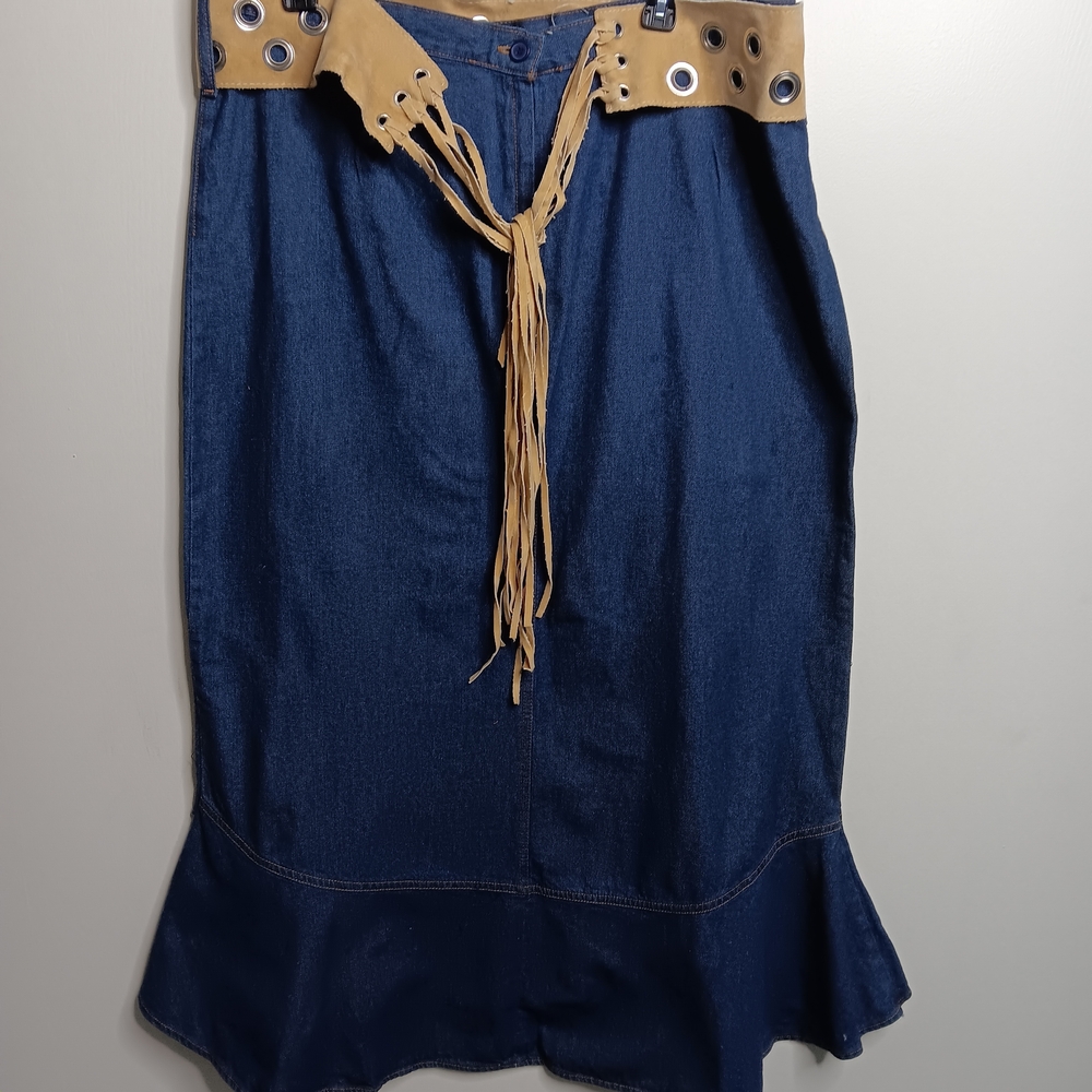 Chic Denim and Tan Women's Midi Skirt
